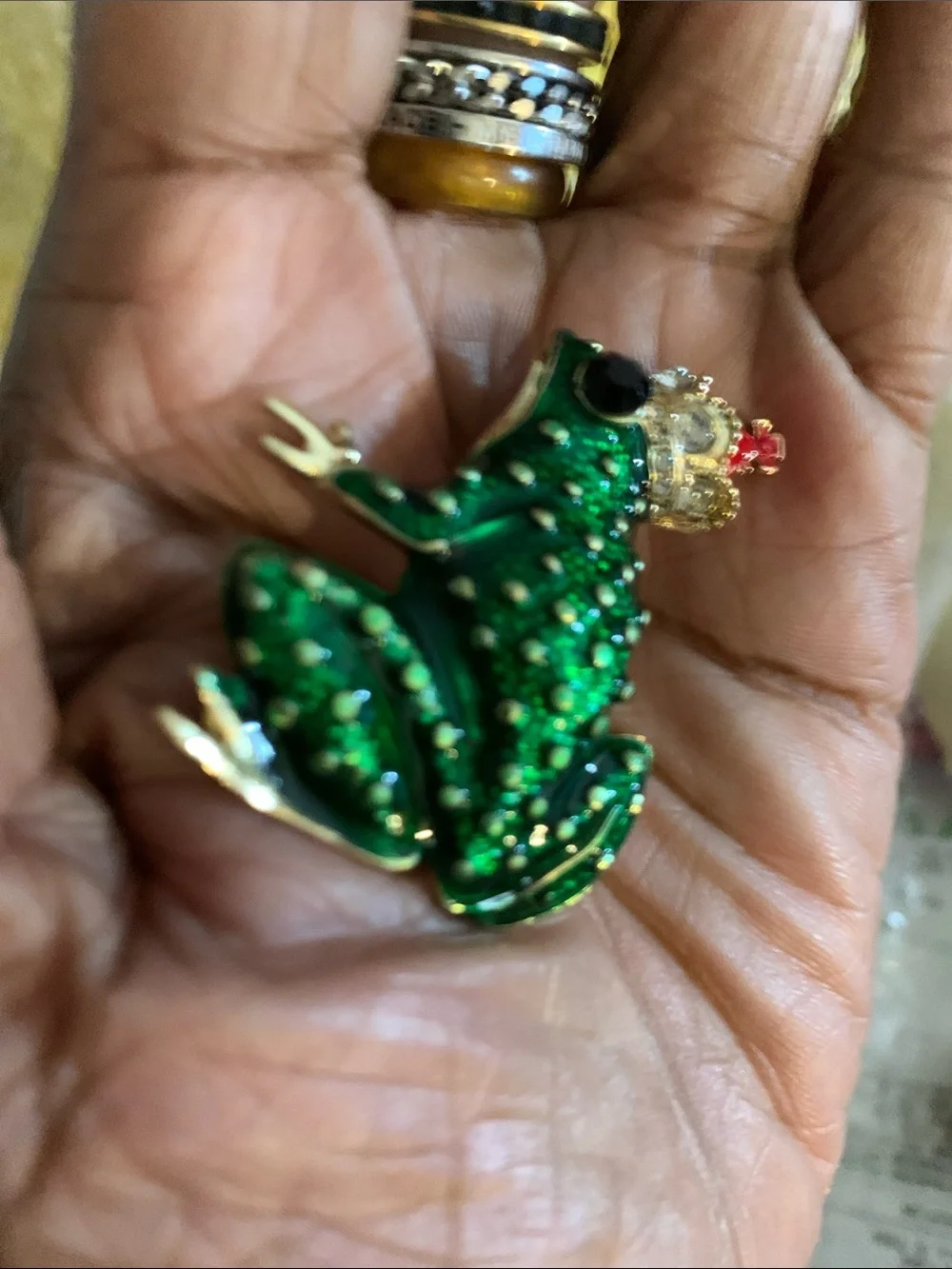 Green Enamel Prince Frog Brooch with Red Crown -